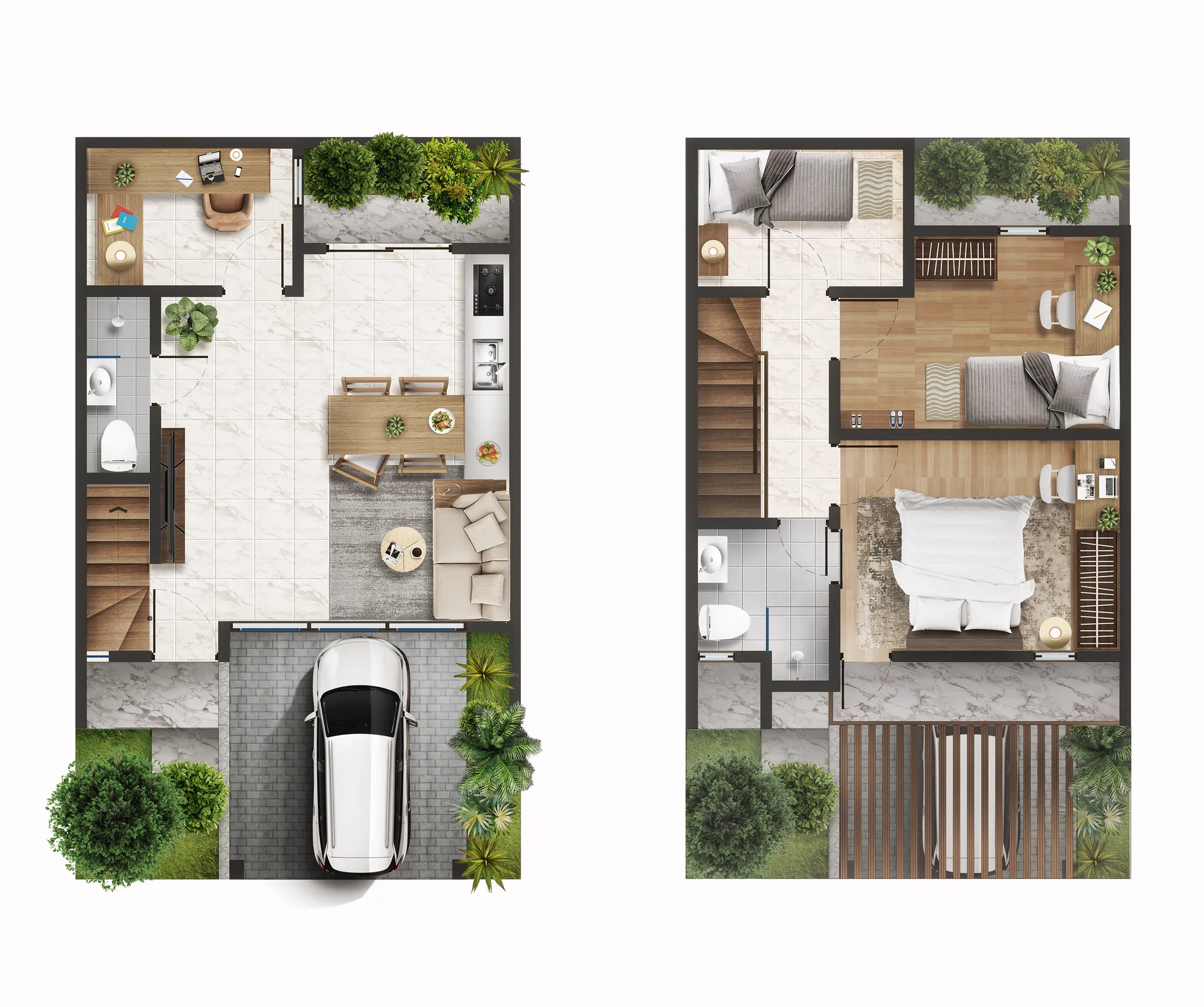 Denah lantai rumah 2 lantai Cherrywoods Bintaro — Type A Luas Tanah 72 dan Type B Luas Tanah 60 m²